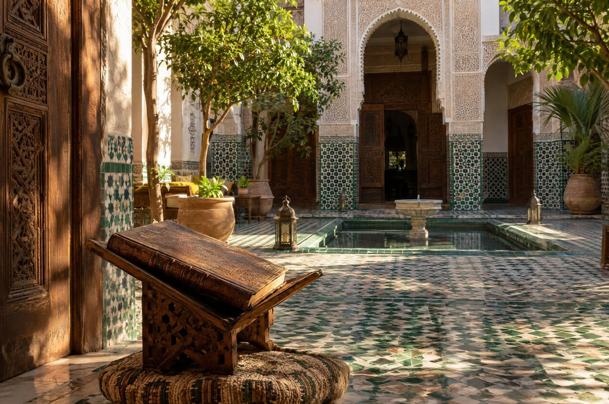 كتاب تراثي قديم في فناء أندلسي مغربي بمراكش