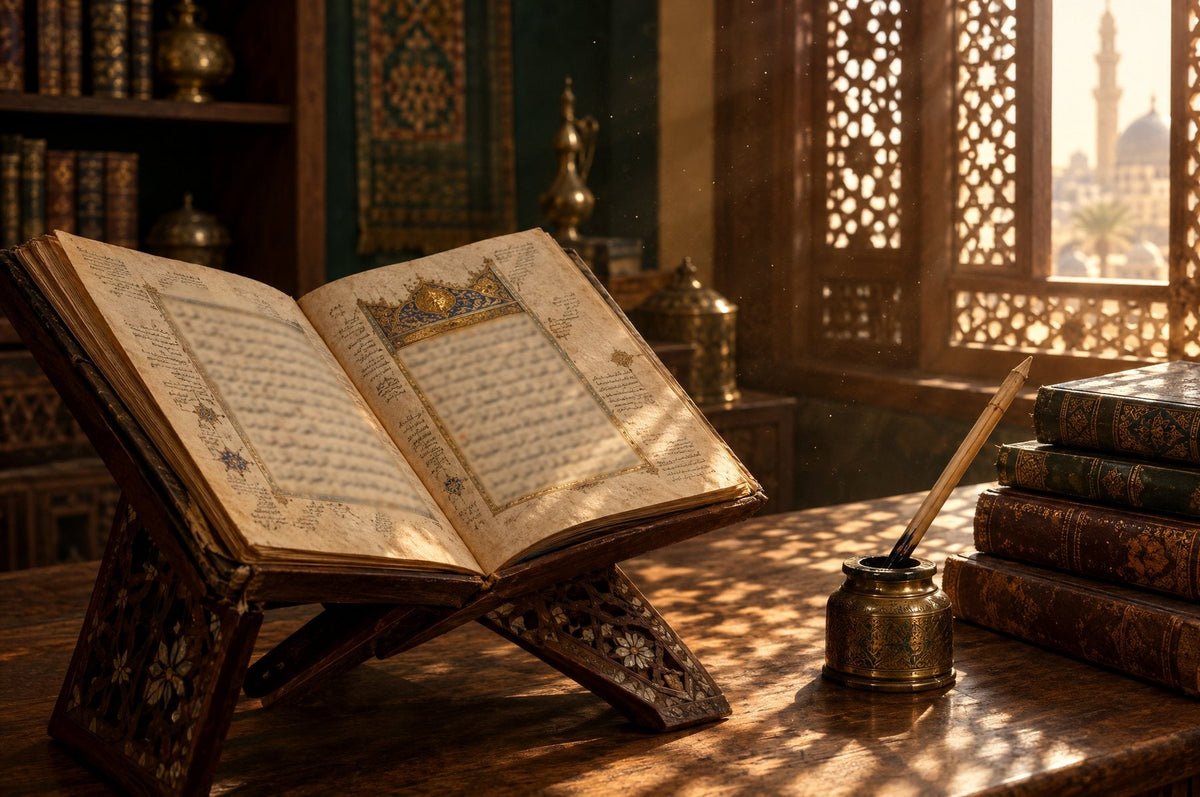 مقدمة نسيم الرياض للشهاب الخفاجي: مخطوط مفتوح على رحل خشبي بجوار نافذة مشربية