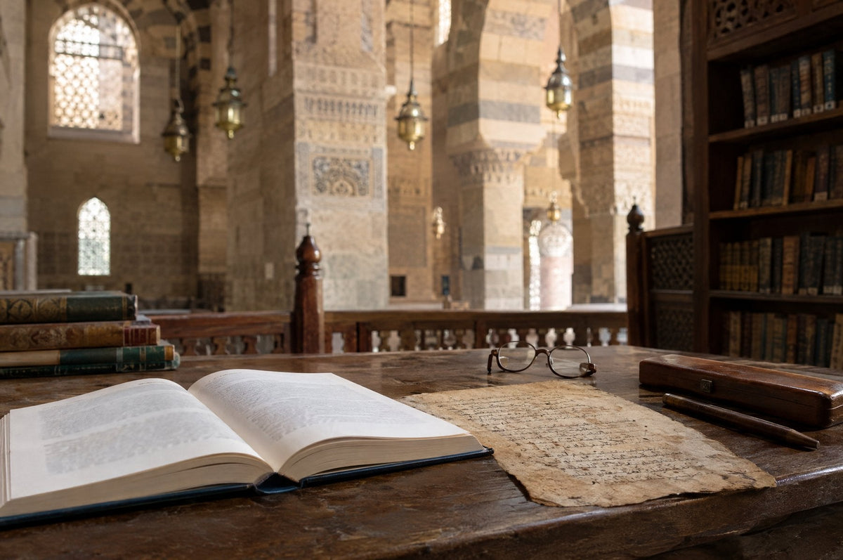 كتاب محقق مفتوح بجوار ورقة مخطوطة في مكتبة مسجد تاريخي بالقاهرة