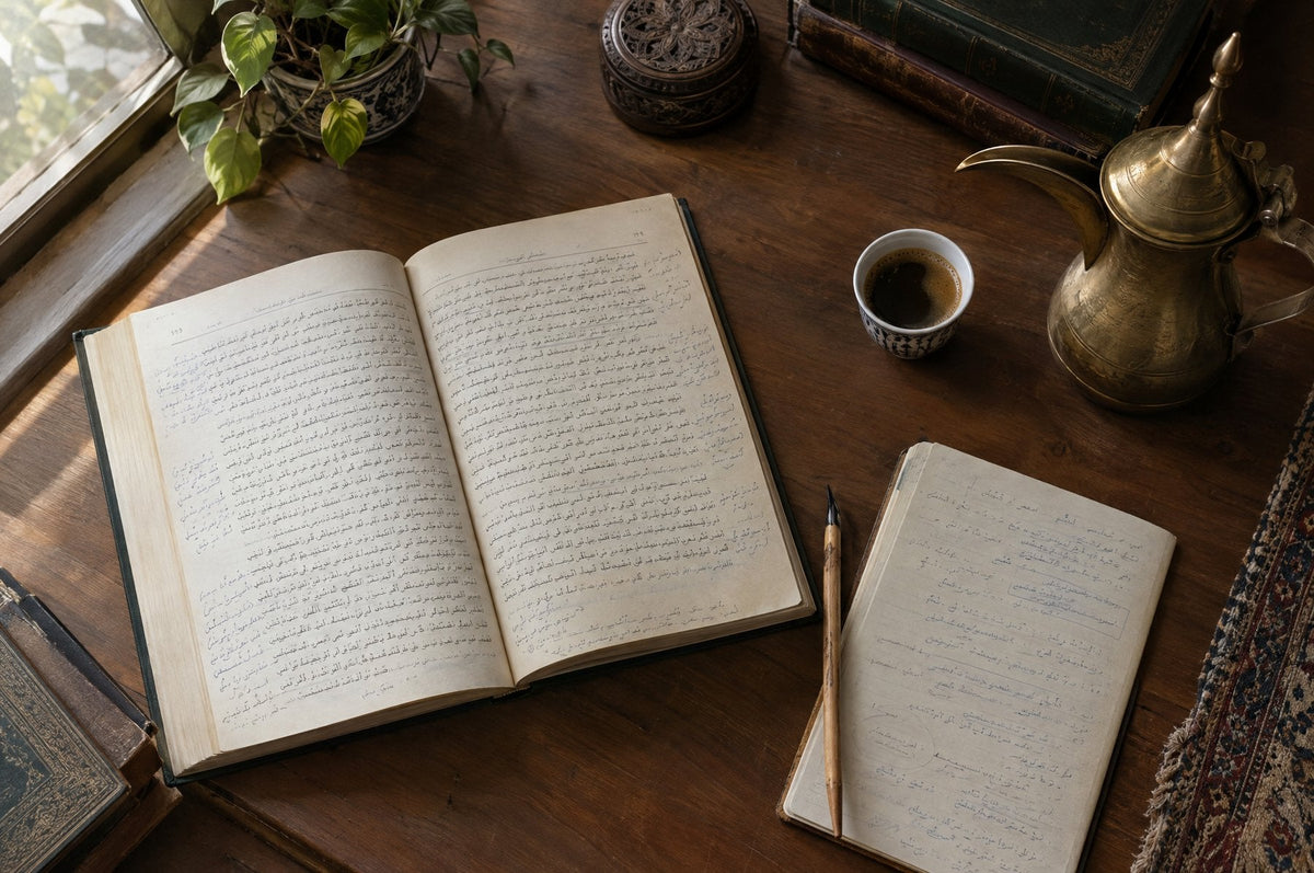 كتاب تراثي مفتوح بحواش وتعليقات على مكتب طالب علم مع دفتر وقلم وقهوة عربية
