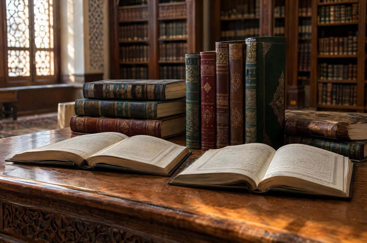 مجلدات من شروح كتاب الشفا للقاضي عياض على طاولة قراءة في مكتبة تراثية